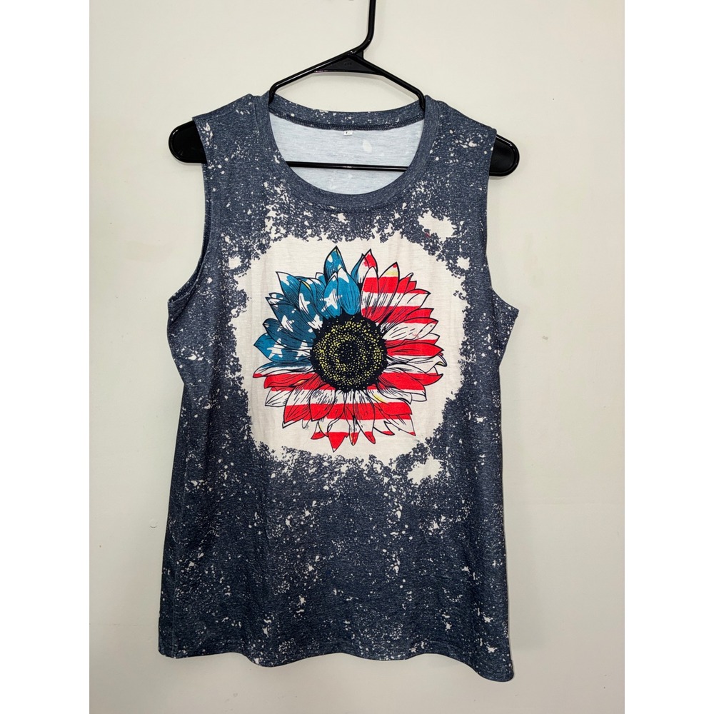 USA Sunflower American Flag Tank Top Womens Medium Blue Bleached Patriotic